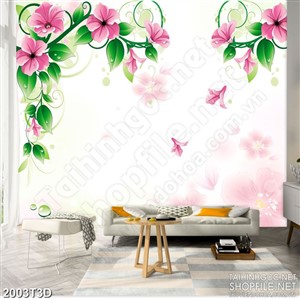Tranh 3d  trang trí bông hoa màu hồng rơi rụng trên sông