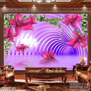 Tranh 3d treo tường những bông hoa rơi rụng trên mặt hồ