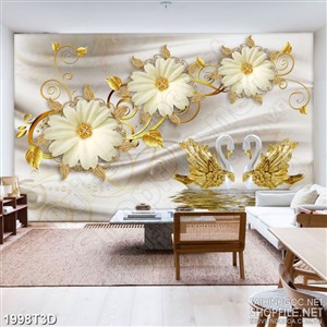 Tranh 3d dán tường những bông hoa giả ngọc bên hồ nước