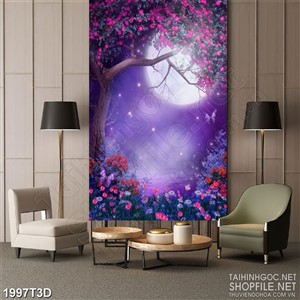 Tranh 3d nghệ thuật khu rừng hoa trong đêm tím huyền bí
