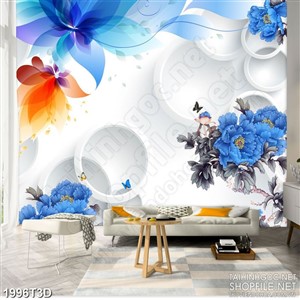 Tranh 3d treo tường mẫu đơn xanh và bông hoa phù du