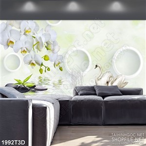 Tranh 3d treo tường nhành hoa lan trắng và đôi thiên nga