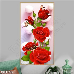 Tranh 3d  trang trí hoa hồng đỏ bên những giọt sương
