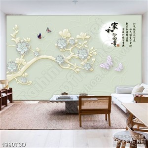 Tranh 3d dán tường đàn bướm và hoa bên ánh trắng sáng