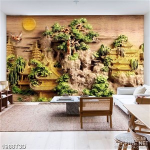 Tranh 3d treo tường những ngôi chùa dưới ánh trăng vàng