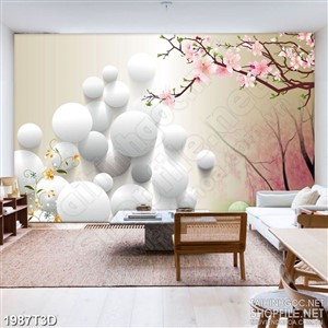 Tranh 3d  trang trí cành hoa đào bên những hình tròn psd