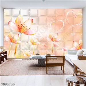Tranh 3d dán tường những bông hoa phù du bên trái tim