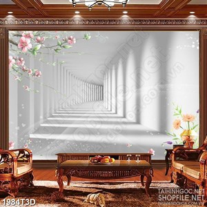 Tranh 3d treo tường cành hoa anh đào trong lối đi nhỏ
