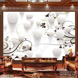 Tranh 3d  trang trí những hình cầu trắng bên họa tiết hoa