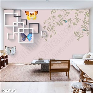 Tranh 3d dán tường đàn bướm và chim nhiều màu sắc