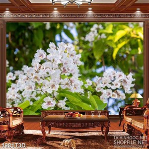 Tranh 3d nghệ thuật chùm hoa anh đào trắng khoe sắc