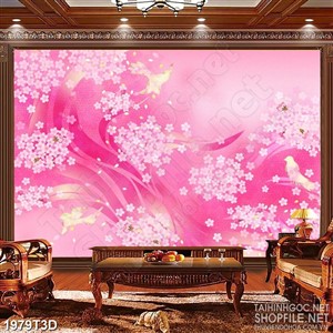 Tranh 3d  trang trí những bông hoa nhí trắng trên nền hồng