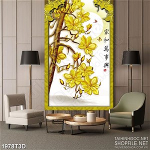 Tranh 3d dán tường cây hoa mộc lan vàng bên ánh trăng