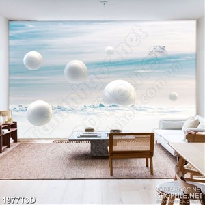 Tranh 3d nghệ thuật những hình cầu trắng bên đàn cá heo