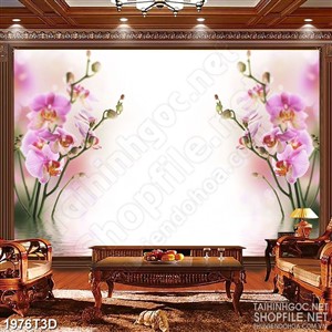 Tranh 3d treo tường nhành lan tím trên mặt hồ mước