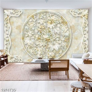 Tranh 3d dán tường hoa mẫu đơn trong ô hình tròn psd