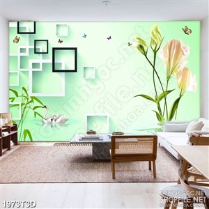 Tranh 3d nghệ thuật đân bướm và đôi thiên nga bên hồ