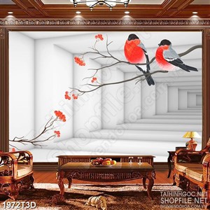 Tranh 3d treo tường đôi chim đỏ đậu trên cành cây nhỏ