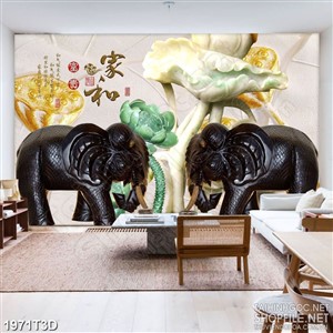 Tranh 3d  trang trí đôi voi màu đen bên hoa sen giả ngọc