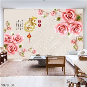 Tranh 3d dán tường những bông hoa hồng bên chữ hán