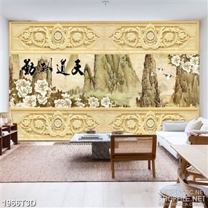 Tranh 3d dán tường sông nước hữu tình bên hoa mẫu đơn