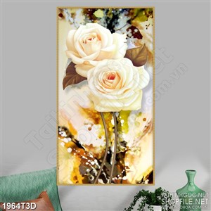 Tranh 3d treo tường bông hoa hồng trắng với chiếc lá úa