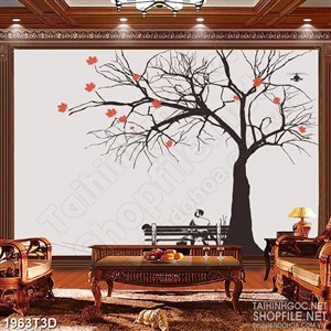 Tranh 3d  trang trí chàng trai và chiếc ghế bên gốc cây