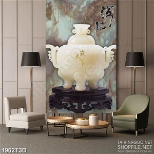 Tranh 3d dán tường chiếc lư hương giả nhọc trên kệ gỗ