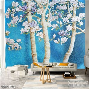 Tranh 3d nghệ thuật khu rừng hoa mộc lan trên nền xanh