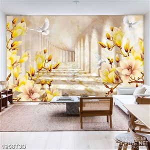 Tranh 3d dán tường cành mộc lan vàng bên đàn bồ câu