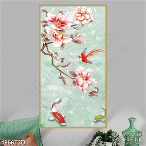 Tranh 3d treo tường đàn cá koi tung tăng dưới cành hoa