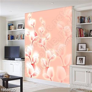 Tranh 3d dán tường bông hoa phát sáng trên nền hồng nhạt