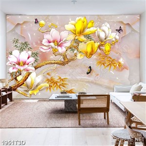 Tranh 3d dán tường cành hoa mộc lan vàng và đàn bướm
