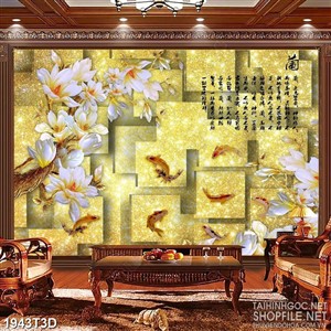 Tranh 3d dán tường cành hoa mộc lan trên hồ cá chép