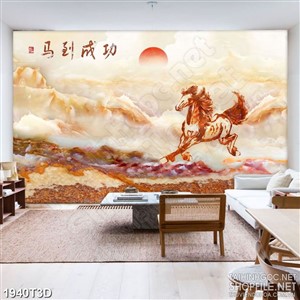 Tranh 3d  trang trí chú ngựa phi như bay trên núi giả ngọc
