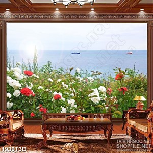 Tranh 3d dán tường vườn hoa hồng trên bờ biển rộng lớn