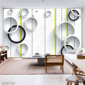 Tranh 3d  trang trí đàn cò trắng tung bay trên nền ô tròn