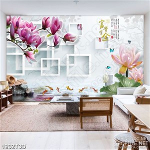 Tranh 3d  trang trí hoa mộc lan và hoa sen bên hồ cá chép