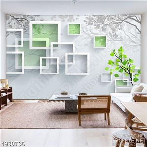 Tranh 3d nghệ thuật những tán lá xanh bên hình ô vuông