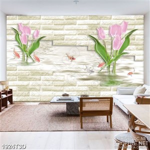 Tranh 3d  trang trí hoa tulip màu tím trên hồ cá chép
