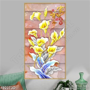 Tranh 3d dán tường hoa sứ vàng trên nên gạch giả ngọc