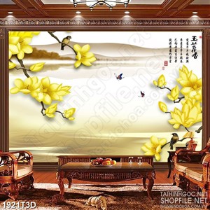 Tranh 3d treo tường hoa mộc lan màu vàng và đàn bướm