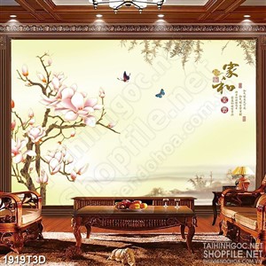 Tranh 3d dán tường đàn bướm và hoa trên mặt hồ nước