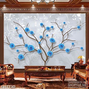 Tranh 3d treo tường thân cây trọc lá nở đầy hoa xanh