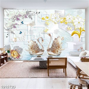 Tranh 3d dán tường đôi chim thiên nga dáp vàng bên hoa