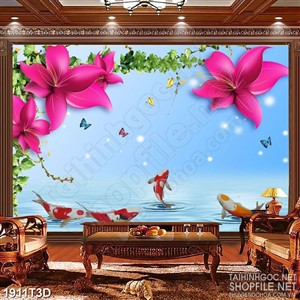 Tranh 3d dán tường những bông hoa trên hồ cá chép đỏ