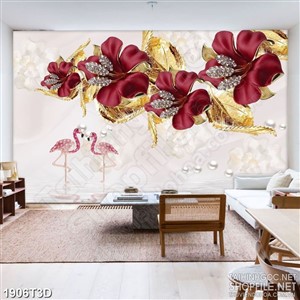 Tranh 3d nghệ thuật đôi chim hồng hạc dưới bông hoa