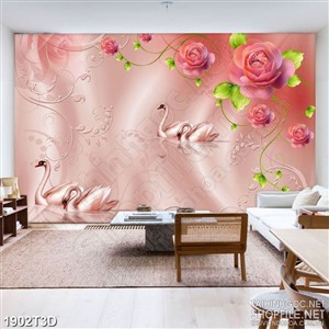 Tranh 3d dán tường hai đôi thiên nga trắng bên hoa hồng