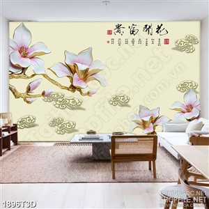 Tranh 3d treo tường bông hoa mộc lan bên đám mây nhỏ