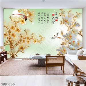 Tranh 3d dán tường đôi chim ri hót trên cành hoa mộc lan